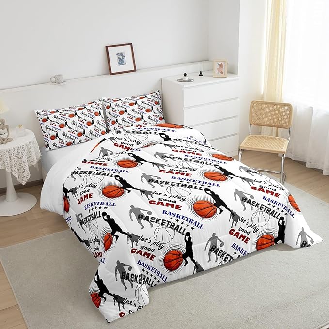 Erosebridal Teen Boys Basketball Bedding Full Size Basketball Player Quilt Set Kids Girls Sports Bed Comforter Set All Season,Soft Lightweight Duvet Set 1 Basketball Comforter and 2 Pillow Cases - LeafyLoom