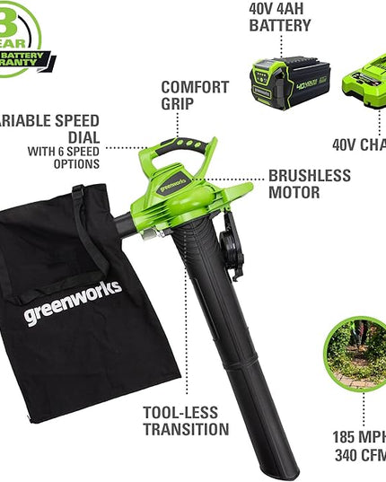 Greenworks 40V (185 MPH / 340 CFM / 75+ Compatible Tools) Cordless Brushless Leaf Blower / Vacuum, 4.0Ah Battery and Charger Included - LeafyLoom
