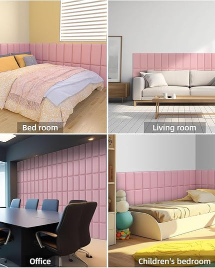Peel and Stick Headboard Pink Upholstered Wall Panels, 6 Panels Sized 7.8" x 15.7", 3D Anti-Collision Soundproof Self-Adhesive Wall Panel for Bedroom，Living Room - LeafyLoom
