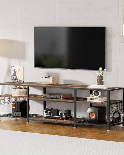 VECELO 70" TV Stand for 65/70/75 Inch Television, Entertainment Center with Storage Shelves & Hooks, 3-Tier Modern Wooden Console Table for Living, Bedroom and Gaming Room, Rustic Brown - LeafyLoom