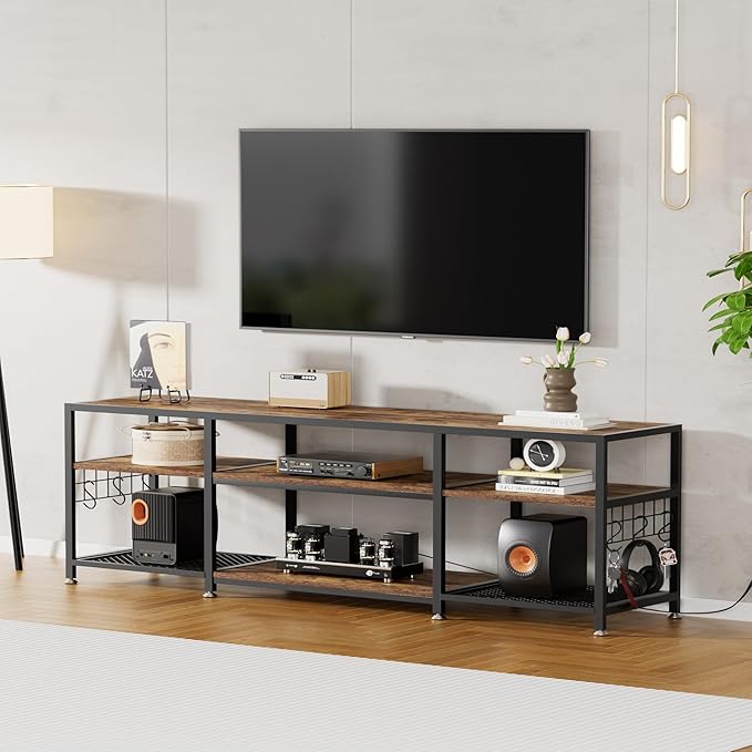 VECELO 70" TV Stand for 65/70/75 Inch Television, Entertainment Center with Storage Shelves & Hooks, 3-Tier Modern Wooden Console Table for Living, Bedroom and Gaming Room, Rustic Brown - LeafyLoom