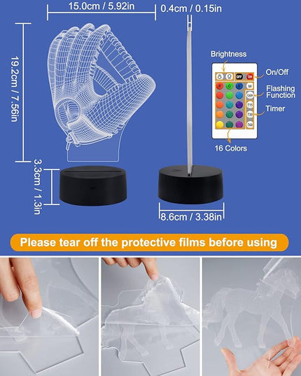 FULLOSUN Baseball Night Light, Baseball Catcher Gifts, 3D Baseball Lamp for Xmas Holiday Birthday Gifts for Kids Baseball Fan with Remote Control 16 Colors Changing + 4 Changing Mode + Dim Function … - LeafyLoom