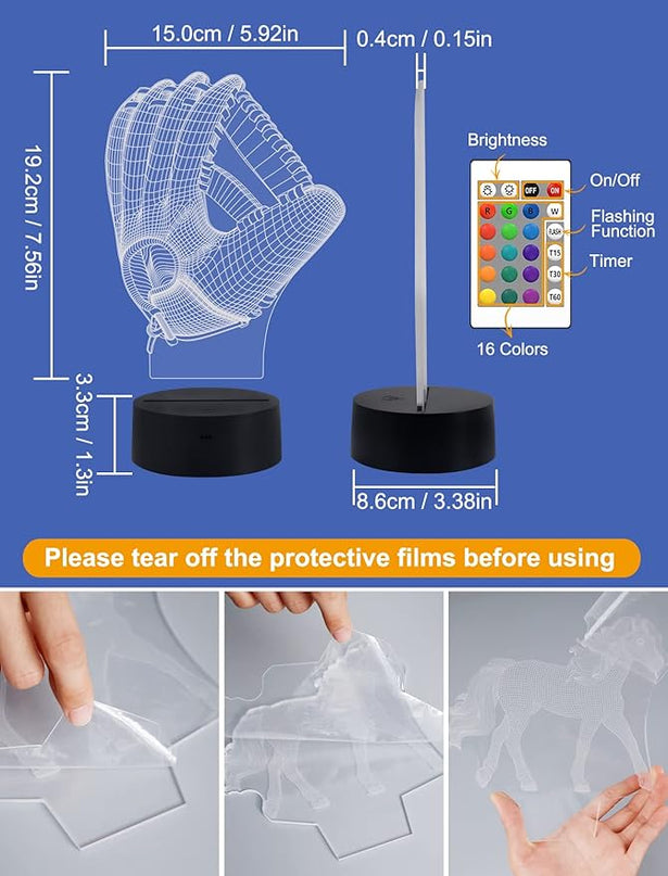 FULLOSUN Baseball Night Light, Baseball Catcher Gifts, 3D Baseball Lamp for Xmas Holiday Birthday Gifts for Kids Baseball Fan with Remote Control 16 Colors Changing + 4 Changing Mode + Dim Function … - LeafyLoom