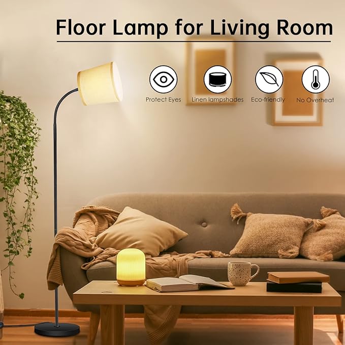 LED Floor Lamp, Standing Lamp for Living Room with Linen Lamp Shade,Adjustable Gooseneck Modern Reading Light,Floor Lamps for Bedroom,Office,Farmhouse,12W LED Bulb Included - LeafyLoom