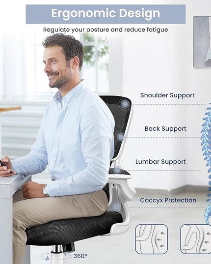 Office Chair, Ergonomic Desk Chair with Lumbar Support and Adjustable Armrests, Comfy Desk Chair Breathable Mesh Mid Back Computer Chair, Reclining Office Chair for Home Office - White - LeafyLoom
