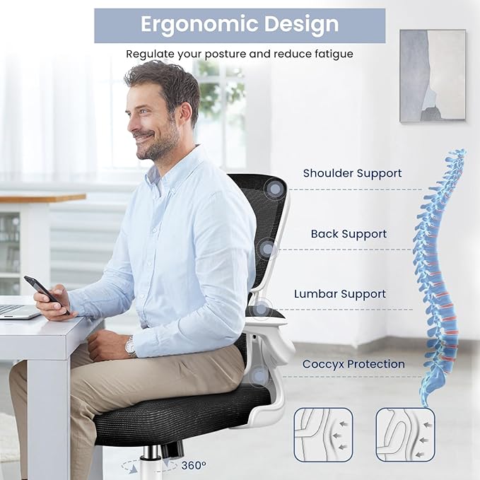 Office Chair, Ergonomic Desk Chair with Lumbar Support and Adjustable Armrests, Comfy Desk Chair Breathable Mesh Mid Back Computer Chair, Reclining Office Chair for Home Office - White - LeafyLoom