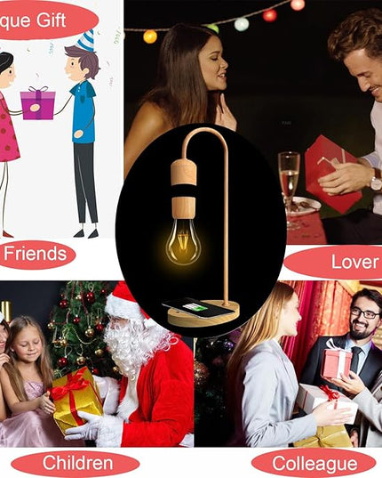 Magnetic Levitating Lamp with Wireless Phone Charging Pad Floating Light Bulb LED Night Light Wood Grain Table Lamp Levitation Desk Lamp for Office Home Decoration Christmas Gift - LeafyLoom