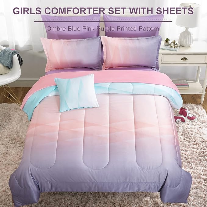 Girls Comforter Set Queen Size Colorful Ombre Blue Pink Purple Rainbow Bedding Set 7 Pieces Bed in A Bag for Kids Teen Girls Women with Comforter, Flat Sheet, Fitted Sheet - LeafyLoom