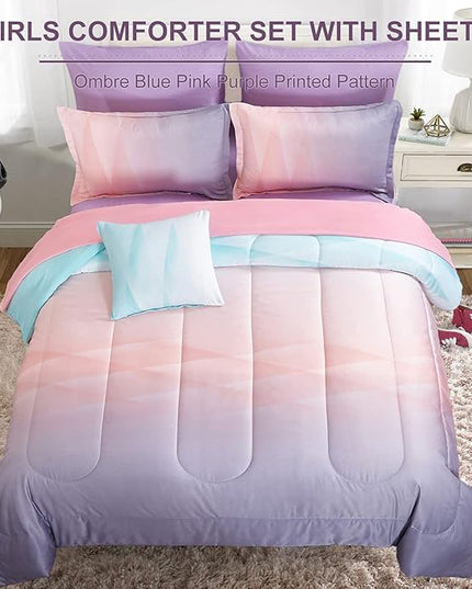 Girls Comforter Set Twin Size Colorful Ombre Blue Pink Purple Rainbow Bedding Set 6 Pieces Bed in A Bag for Kid Teen (1 Comforter, 1 Flat Sheet, 1 Fitted Sheet, 1 Pillow sham, 2 Pillowcases) - LeafyLoom