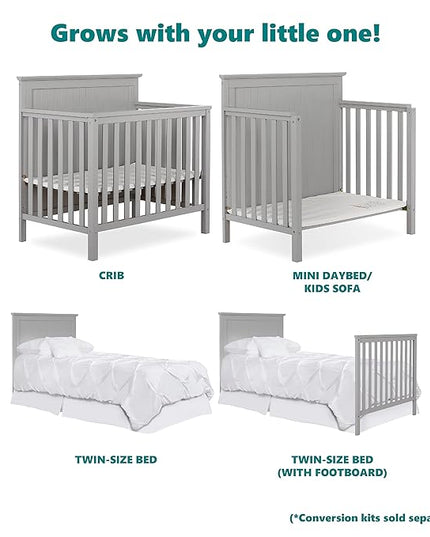 Ava 4-in-1 Convertible Mini Crib in Pebble Grey, 635-PG, Greenguard Gold Certified, Non-Toxic Finish, Comes with 1" Mattress Pad, with 3 Mattress Height Settings - LeafyLoom