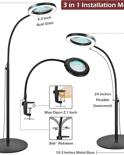 5X Stand Magnifying Glass with Light, Veemagni 24" Flexible Gooseneck 5 Color Modes Stepless Dimmable Magnifying Floor Lamp, 3-in-1 Adjustable Lighted Magnifier Hands Free for Close Work, Esthetican - LeafyLoom