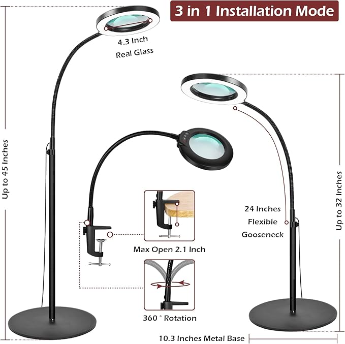 5X Stand Magnifying Glass with Light, Veemagni 24" Flexible Gooseneck 5 Color Modes Stepless Dimmable Magnifying Floor Lamp, 3-in-1 Adjustable Lighted Magnifier Hands Free for Close Work, Esthetican - LeafyLoom