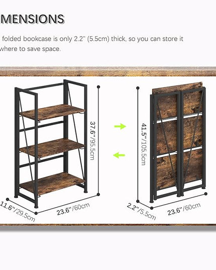 4NM No-Assembly Folding Bookshelf Storage Shelves 3 Tiers Vintage Bookcase Standing Racks Study Organizer Home Office (Rustic Brown and Black) - LeafyLoom