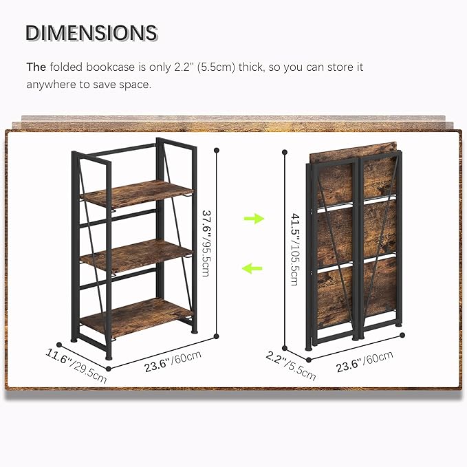 4NM No-Assembly Folding Bookshelf Storage Shelves 3 Tiers Vintage Bookcase Standing Racks Study Organizer Home Office (Rustic Brown and Black) - LeafyLoom