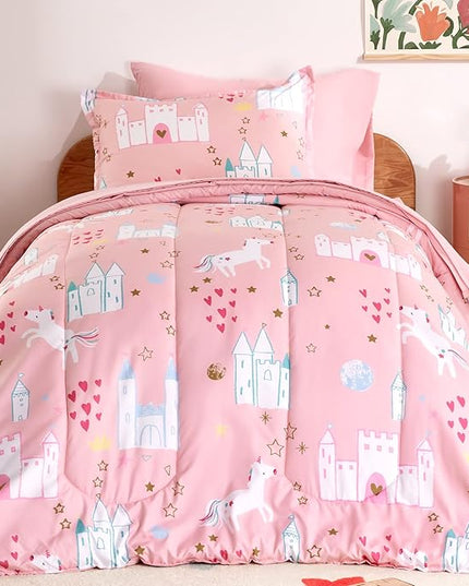 SLEEP ZONE Kids Bedding Comforter Set Full/Queen Size - Super Cute & Soft Kids Bedding 7 Pieces Set with Comforter, Sheet, Pillowcase & Sham (Unicorn Castle) - LeafyLoom