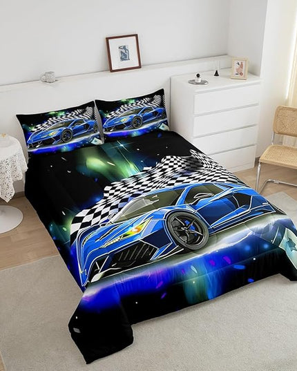 Feelyou Blue Racing Car Comforter Set Queen Size, Fast and Furious Extreme Sport Games Bedding Sets for Kids Boys Teens,Sports Car Bed in A Bag,Cool Modern Duvet Insert with 2 Pillowcases - LeafyLoom
