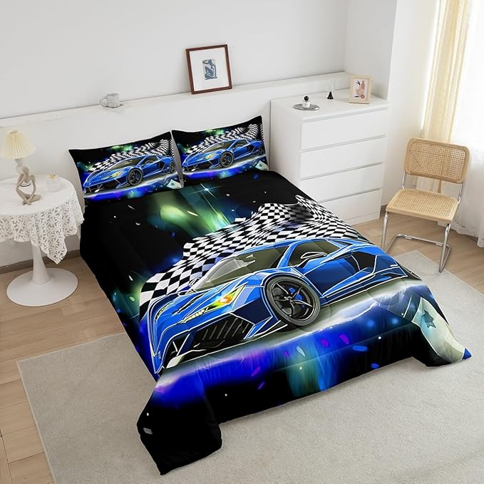 Feelyou Blue Racing Car Comforter Set Queen Size, Fast and Furious Extreme Sport Games Bedding Sets for Kids Boys Teens,Sports Car Bed in A Bag,Cool Modern Duvet Insert with 2 Pillowcases - LeafyLoom