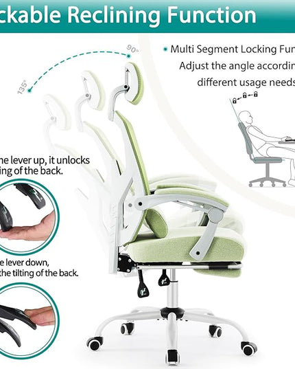 MCQ Office Computer Desk Chair, Gaming Chairs for Adults, High-Back Mesh Rolling Swivel Reclining Chairs with Wheels, Comfortable Lumbar Support, Comfy Arms for Home, Office, Gaming, Student, Green - LeafyLoom