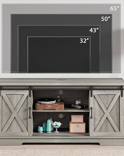 IDEALHOUSE Grey Farmhouse Cabinet, 65 Inch TV Stand with Storage, Barn Doors and Shelves, Modern TV Console Table Furniture for Living Bedroom - LeafyLoom