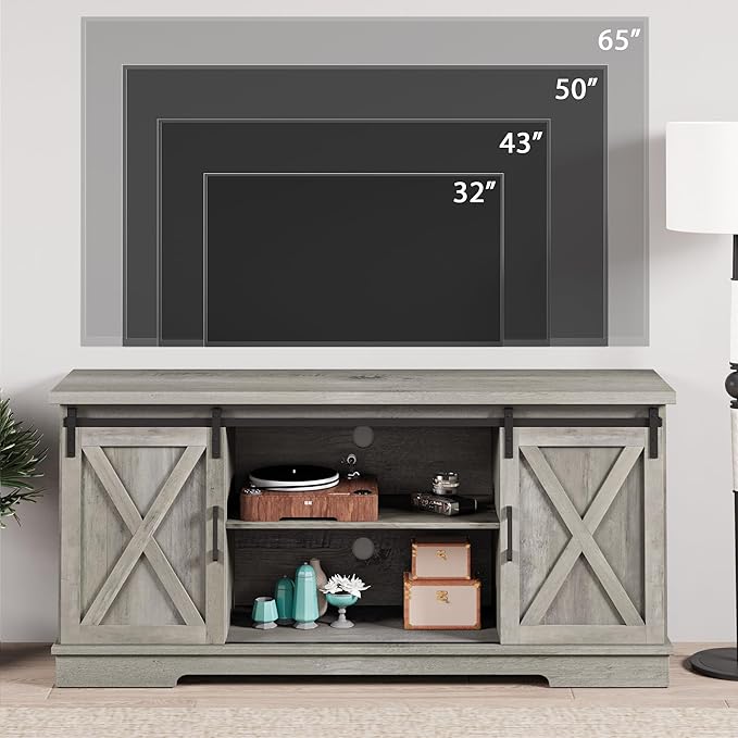 IDEALHOUSE Grey Farmhouse Cabinet, 65 Inch TV Stand with Storage, Barn Doors and Shelves, Modern TV Console Table Furniture for Living Bedroom - LeafyLoom