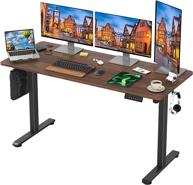STARY Electric Memory Preset 55 x 24 Inches Adjustable Height Computer Workstation Sit Stand Home Office Desk with Splice Board, 5524, Rustic Brown/Black Frame - LeafyLoom