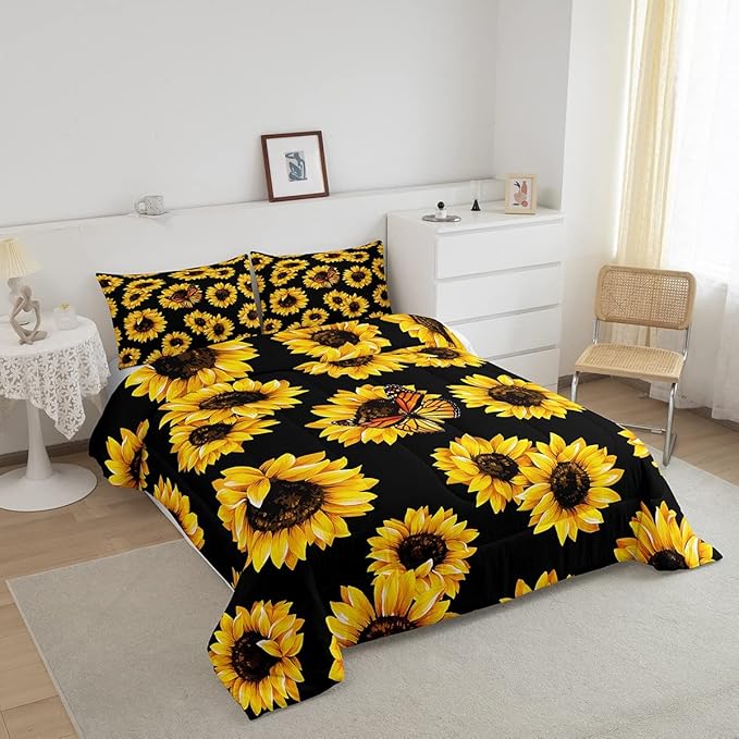 Feelyou Sunflower Bedding Set Girls Yellow Floral Butterfly Comforter Chic Flowers Pattern Comforter Set for Kids Teens Botanical Nature Duvet Set Ultra Soft Room Decor Twin Size - LeafyLoom