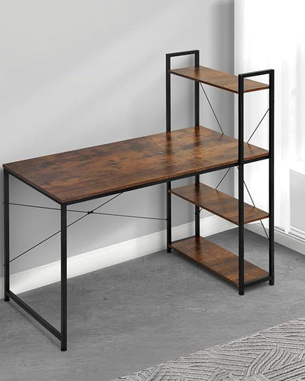 MoNiBloom Computer Desk with 4 Tier Storage Shelves, 47 Inches Home Office Study Writing Desks with Display Bookshelf, Rustic Brown - LeafyLoom