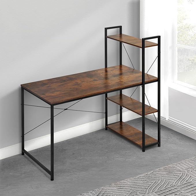 MoNiBloom Computer Desk with 4 Tier Storage Shelves, 47 Inches Home Office Study Writing Desks with Display Bookshelf, Rustic Brown - LeafyLoom