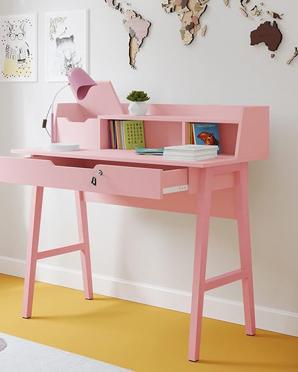 Roma Writing Desk - Elegant Wood Study Desk With Storage, Cable Holes & Drawers - Work Table for Home, Office, Dorm, Small Spaces - Compact Black Desk, 40x19x36.9” (pink) - LeafyLoom