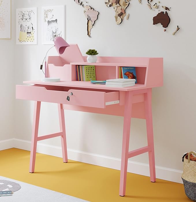 Roma Writing Desk - Elegant Wood Study Desk With Storage, Cable Holes & Drawers - Work Table for Home, Office, Dorm, Small Spaces - Compact Black Desk, 40x19x36.9” (pink) - LeafyLoom