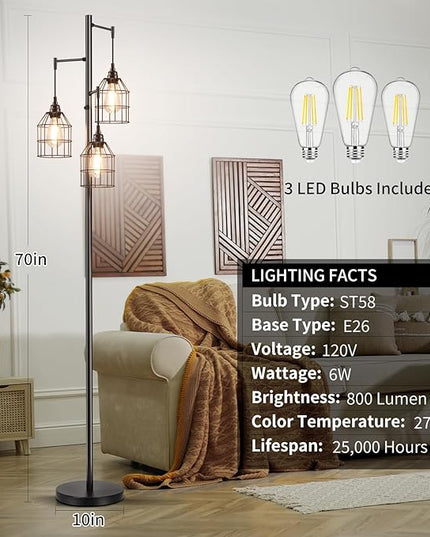 70" Dimmable Floor Lamp for Living Room, Industrial 3-light Tree Floor Lamp Black with Cages, Farmhouse Rustic Tall Standing Lamp Floor Lighting for Bedroom Office, 3 Free LED Edison Bulbs - LeafyLoom