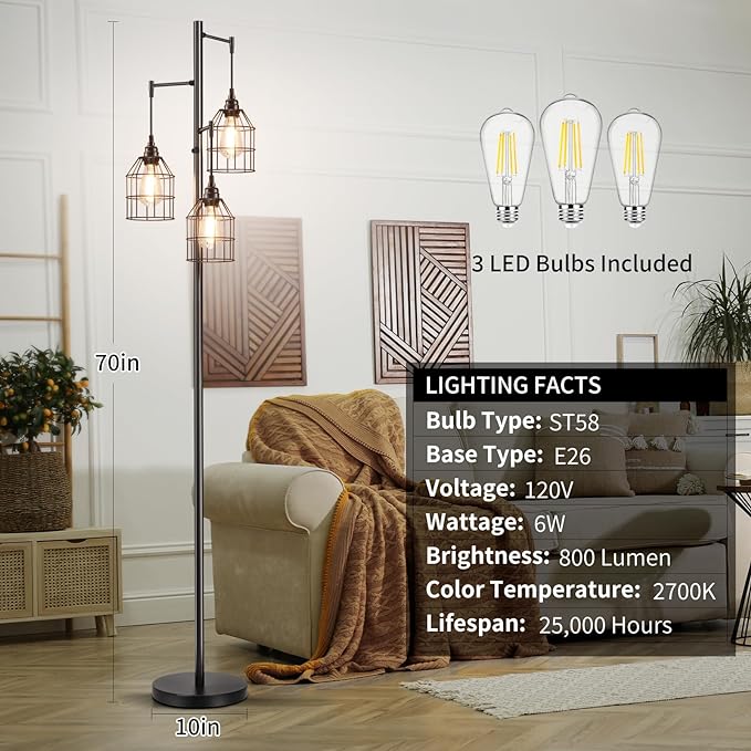 70" Dimmable Floor Lamp for Living Room, Industrial 3-light Tree Floor Lamp Black with Cages, Farmhouse Rustic Tall Standing Lamp Floor Lighting for Bedroom Office, 3 Free LED Edison Bulbs - LeafyLoom