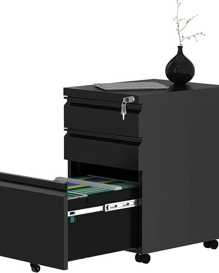 YITAHOME 3-Drawer Mobile File Cabinet with Lock, Office Storage Filing Cabinet for Legal/Letter Size, Pre-Assembled Metal File Cabinet Except Wheels Under Desk -Black - LeafyLoom