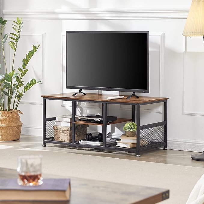 VECELO Coffee Center Table with Storage for Living Room Office Reception, Modern & Industrial Mesh Shelf, 39.4 Inch, Rustic Brown - LeafyLoom