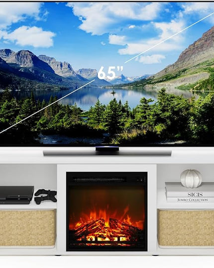 Furinno Classic 60 Inch TV Stand with Fireplace, Solid White - LeafyLoom