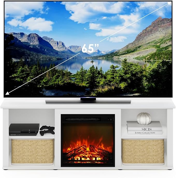 Furinno Classic 60 Inch TV Stand with Fireplace, Solid White - LeafyLoom