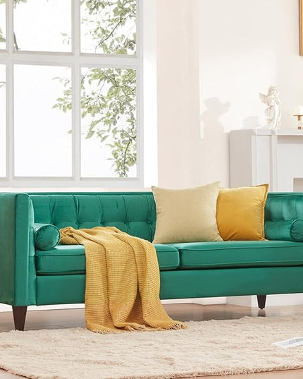Dreamsir 58'' W Velvet Sofa, Mid-Century Love Seats Sofa Furniture with Bolster Pillows, Button Tufted Couch for Living Room, Tool-Free Assembly (Loveseat, Green) - LeafyLoom