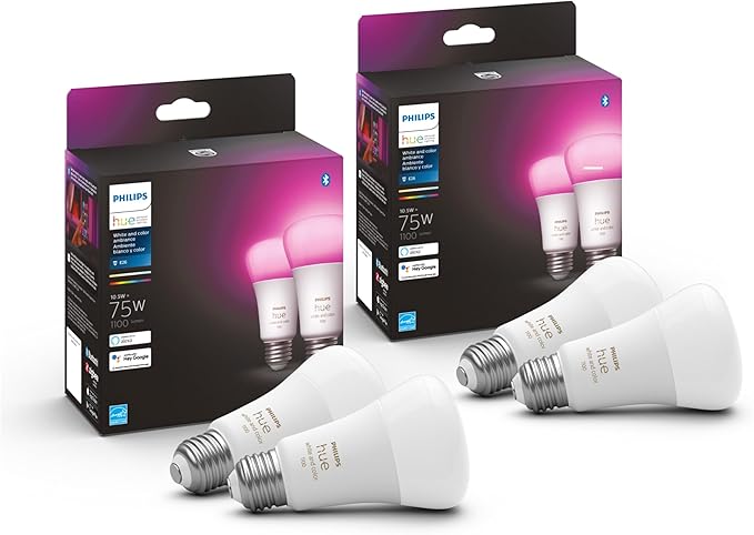 Philips Hue 75W A19 White and Color Ambiance LED Smart Color-Changing Bulb - Pack of 4 - E26 Indoor - Control with Hue App - Compatible with Alexa, Google Assistant, and Apple Homekit PhilipsHue
