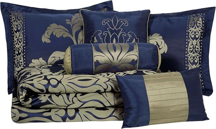 Chezmoi Collection 7-Piece Jacquard Floral Comforter Set (Full, Navy/Gold) - LeafyLoom