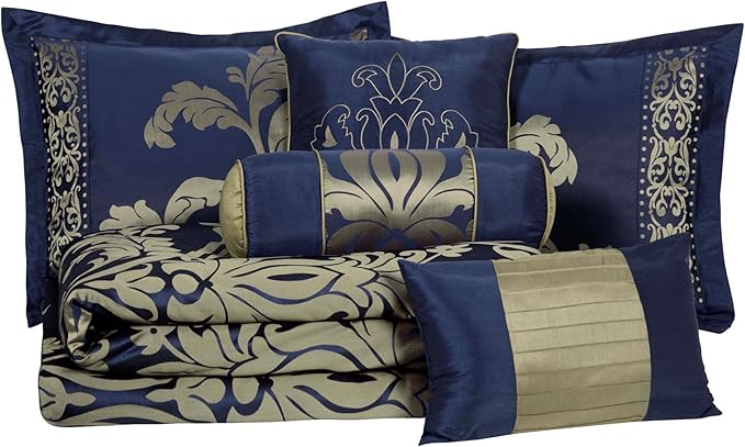 Chezmoi Collection Royale 7-Piece Jacquard Floral Comforter Set, Oversized Queen, Navy/Gold - LeafyLoom