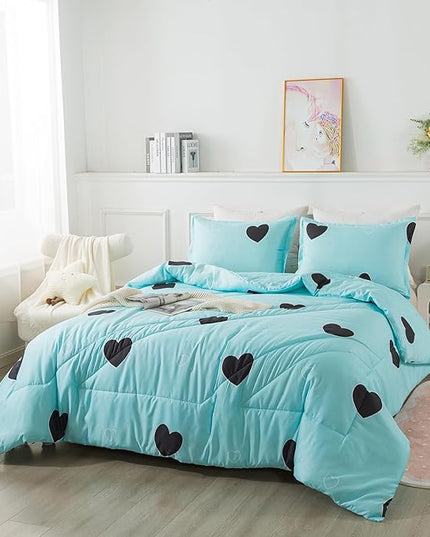Love Pattern Girls Comforter Set Full Size, Sky Blue Cute Love Heart Print Comforter Bedding Set for All Seasons, Geometric Soft Microfiber 3 Pieces Comforter Set with Pillowcases - LeafyLoom