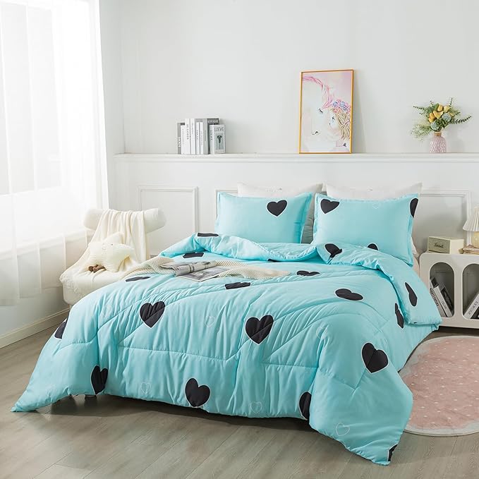 Love Pattern Girls Comforter Set Full Size, Sky Blue Cute Love Heart Print Comforter Bedding Set for All Seasons, Geometric Soft Microfiber 3 Pieces Comforter Set with Pillowcases - LeafyLoom