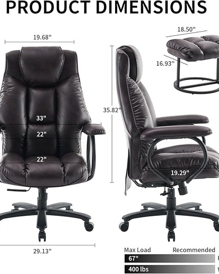 Office Chair Big and Tall, High Back Home Office Chair 400 lbs, Executive Chair, Desk Chair, Ergonomic Office Chair with Padded Armrest, Swivel Computer Chair PU Leather (Dark Brown) - LeafyLoom