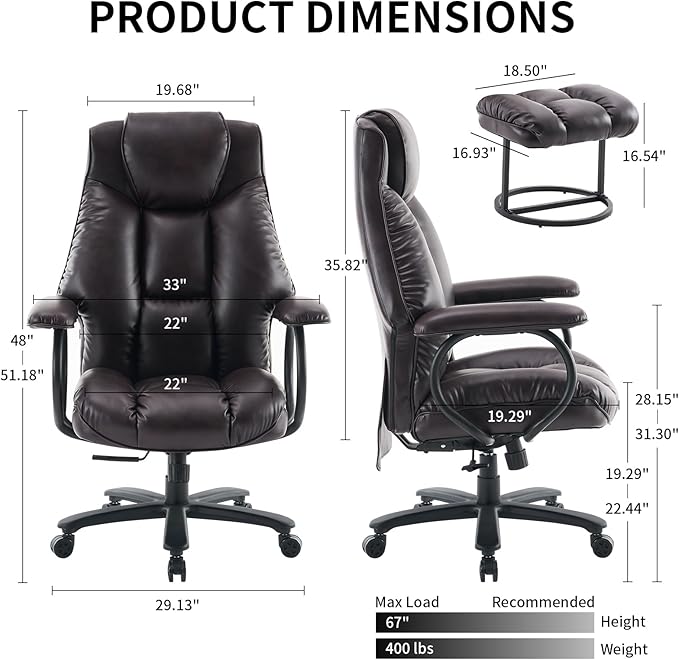 Office Chair Big and Tall, High Back Home Office Chair 400 lbs, Executive Chair, Desk Chair, Ergonomic Office Chair with Padded Armrest, Swivel Computer Chair PU Leather (Dark Brown) - LeafyLoom