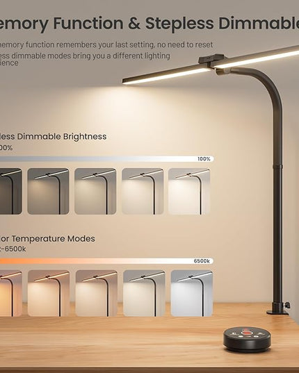 LED Desk Lamp, 24W Bright Architect Desk Lamp for Home Office, Clamp Desk Light with Adjustable Flexible Gooseneck & Remote Control, Eye Caring Table Light for Workbench Study Reading Drafting - LeafyLoom