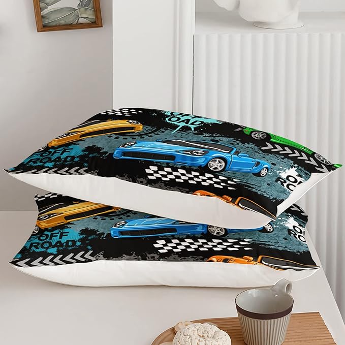 Axolotl Car Comforter Set Full Size,Cool Speed Race Car Comforter for Kids Boys Girls Teens Bedroom,Extreme Sport Quilt Duvet 1 Comforter 2 Pillowcase Car Racing Gifts,Blue Red Orange - LeafyLoom
