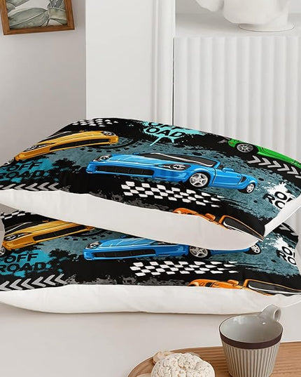 Axolotl Car Comforter Set Queen Size,Cool Speed Race Car Comforter for Kids Boys Girls Teens Bedroom,Extreme Sport Quilt Duvet 1 Comforter 2 Pillowcase Car Racing Gifts,Blue Red Orange - LeafyLoom