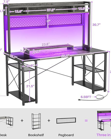 armocity 2024 Upgrade Gaming Desk with Hutch, 55.2'' Magic Computer Desk with LED and Outlets, Reversible Workstation Desk with Pegboard, Grey/Black - LeafyLoom