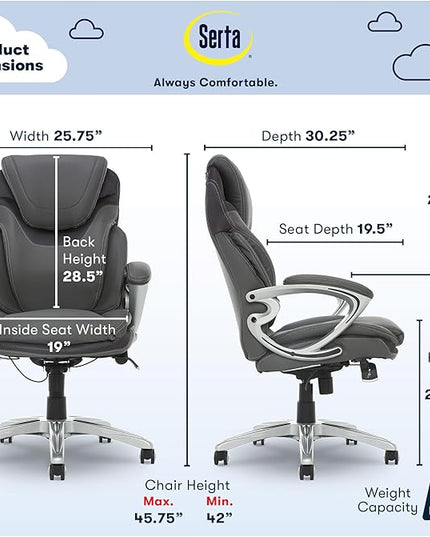 Serta Bryce Executive Office Chair, Ergonomic Computer DeskChair with Patented AIR Lumbar Technology, Comfortable Layered Body Pillows for Cushioning, SertaQuality Foam, Bonded Leather, Gray - LeafyLoom