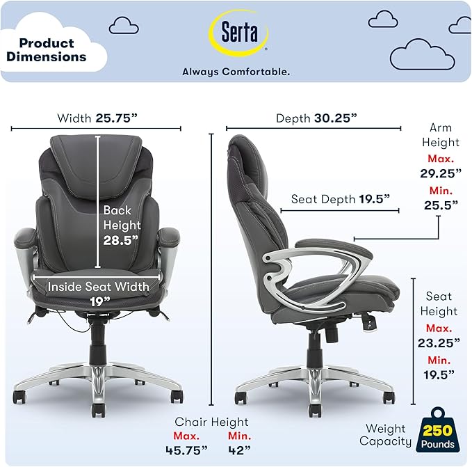 Serta Bryce Executive Office Chair, Ergonomic Computer DeskChair with Patented AIR Lumbar Technology, Comfortable Layered Body Pillows for Cushioning, SertaQuality Foam, Bonded Leather, Gray - LeafyLoom
